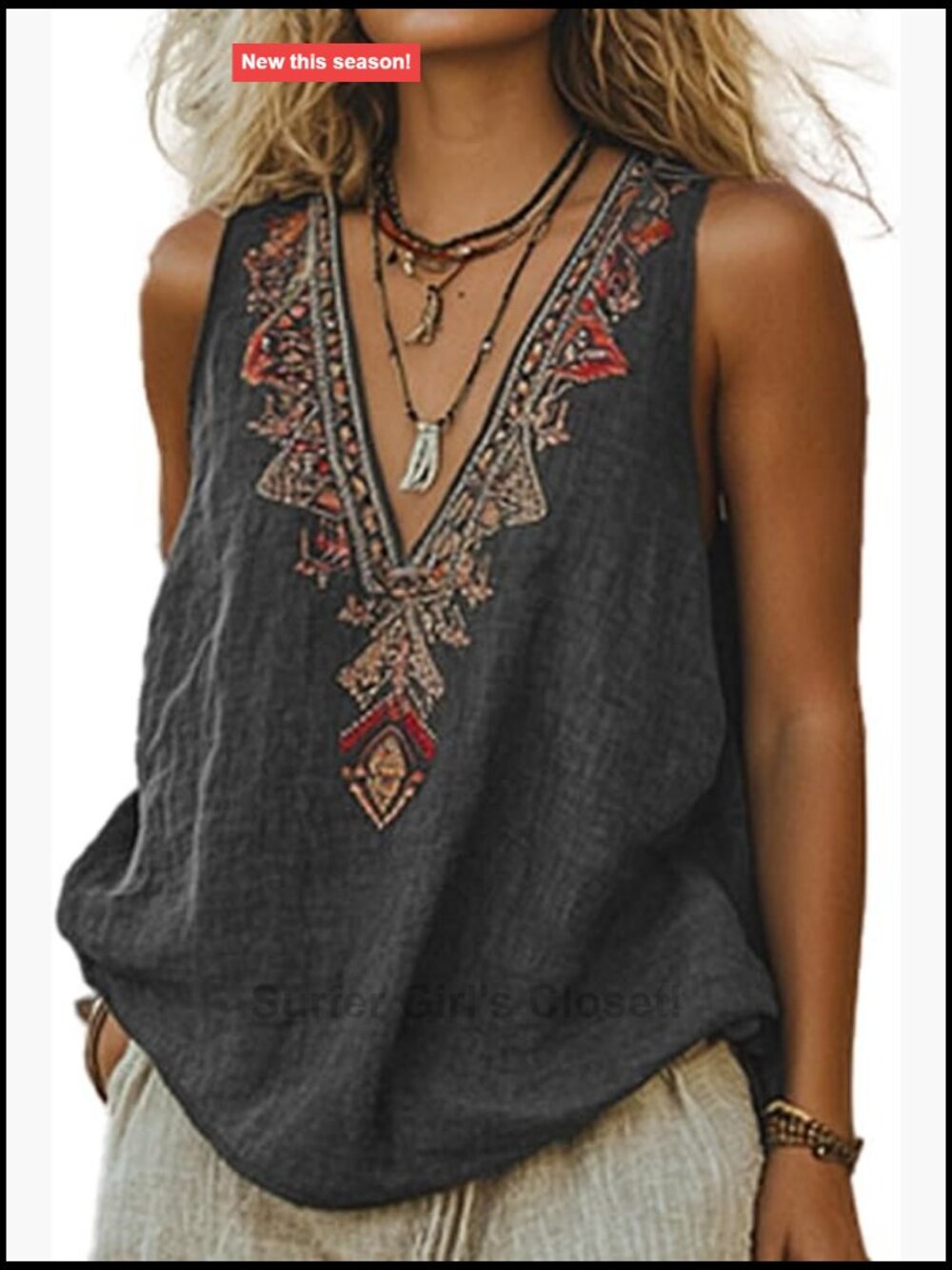 Boho Sleeveless Tank Top Floral Embroidered V Neck Loose Fit Summer Blouse